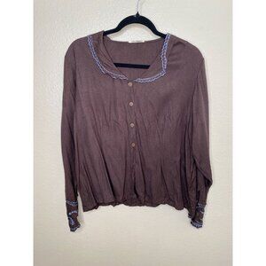Vintage April Cornell Womens Brown Blouse L Long Sleeve‎ Button-Up rayon